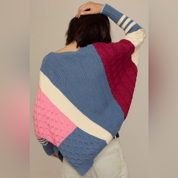 Anthropologie Maeve Colorblock Cable Knit Sweater Oversized Pink Blue Burgundy - Picture 4 of 11